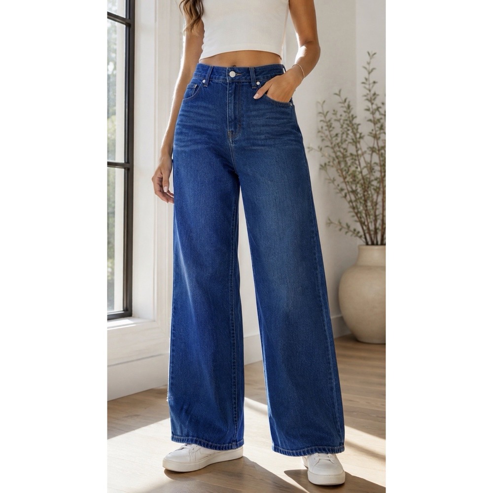 Quince Bella Stretch Wide Leg Jeans Women's Sz 31 Blue Denim High Rise 5 Pocket